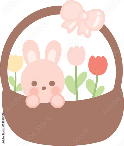 Cute cartoon pink rabbit in basket and tulips on transparent background