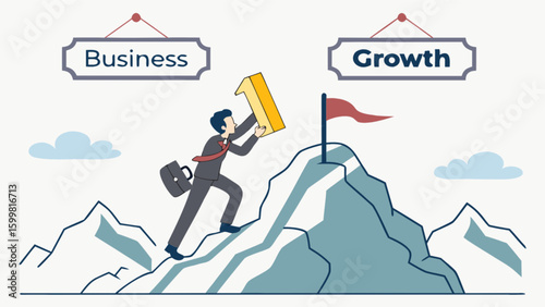 Business growth and success strategy concept with businessman climbing mountain to achieve goal target 100