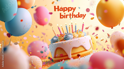 Colorful birthday cake with balloons and confetti