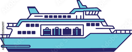 A charming ferry boat illustration showcases a vessel carrying luggage, rendered in a delightful cartoon style with vibrant blue hues, perfect for travel and transportation themes.