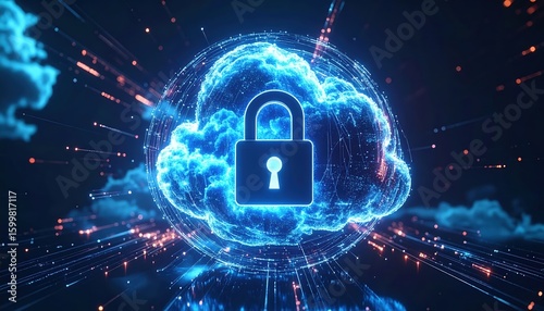 Wallpaper Mural Digital Cloud Security Concept with Lock Icon Over a Cloud Background with Data Streams and Light Effects for Data Protection and Cybersecurity Illustration Torontodigital.ca