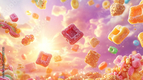 Colorful cereal pieces flying in a vibrant sky