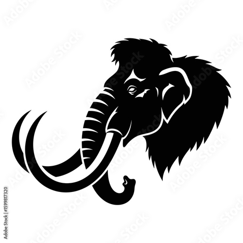 Majestic woolly mammoth head, black silhouette, large tusks, prehistoric beast.