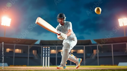 A cricket player swings the bat with power in a stadium during a competitive match