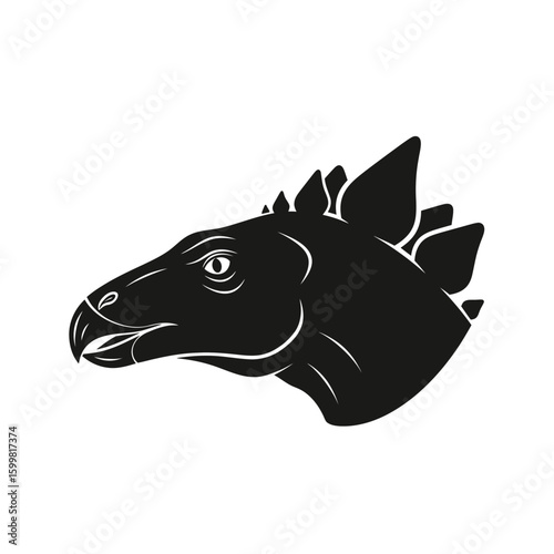 Silhouette of a dinosaur head with detailed features, isolated on white background.