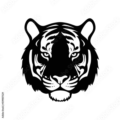 A striking black and white illustration of a tiger's head, facing forward.