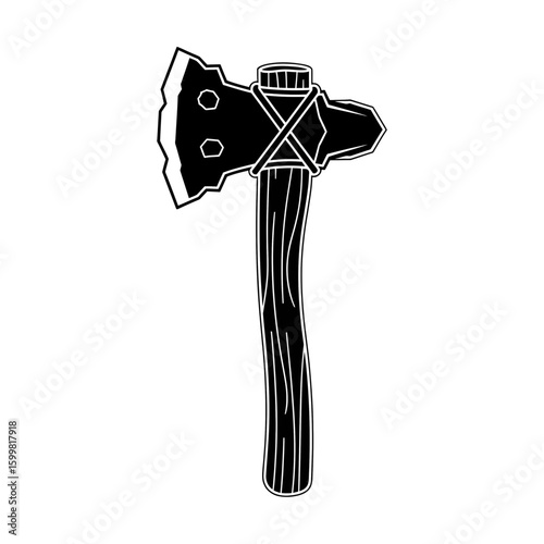 A black and white graphic illustration of a detailed axe, ready for use.