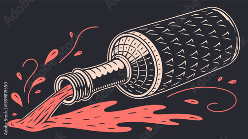 Vintage wine bottle illustration with spilled liquid and retro design for bar and restaurant art print decor