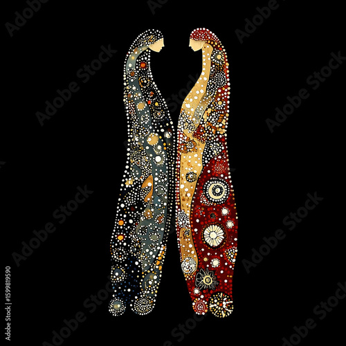 Traditional Australian Aboriginal dot painting of dreamtime sisters on a black background.
