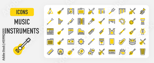 Music instrument icons. Viola, Cajon, Microphone, Electric Guitar, Chimes, Kalimba, Harmonica, Snare, Lute, Cymbals, Maracas, Violin, Keyboard vector stroke illustration.	
