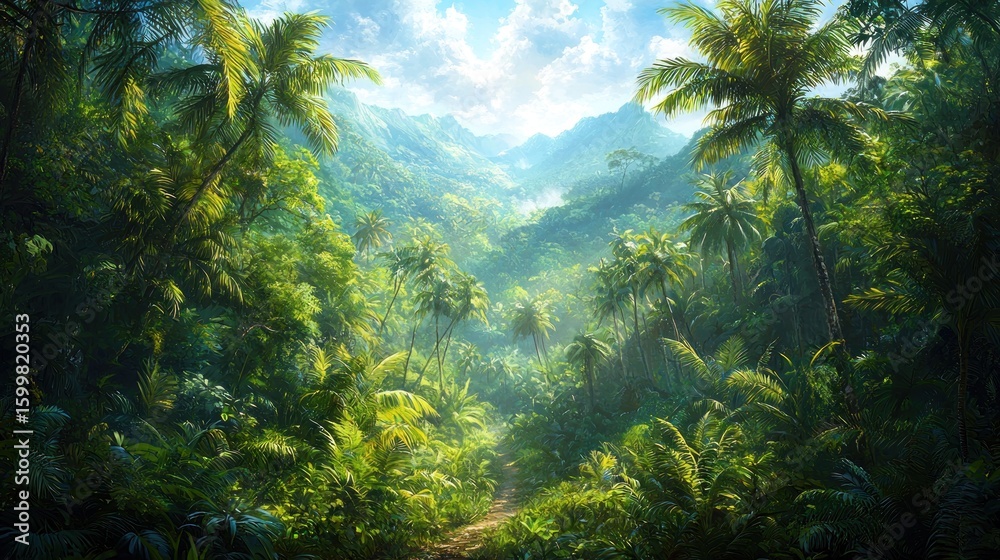 Fototapeta premium Lush Tropical Paradise: A Journey into a Verdant Valley