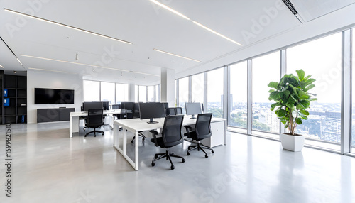 Modern office room with chairs tables and large windows in a contemporary business setting