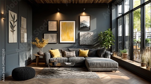Modern living room with abstract wall art for interior inspiration, stylish space, and design-conscious decoration