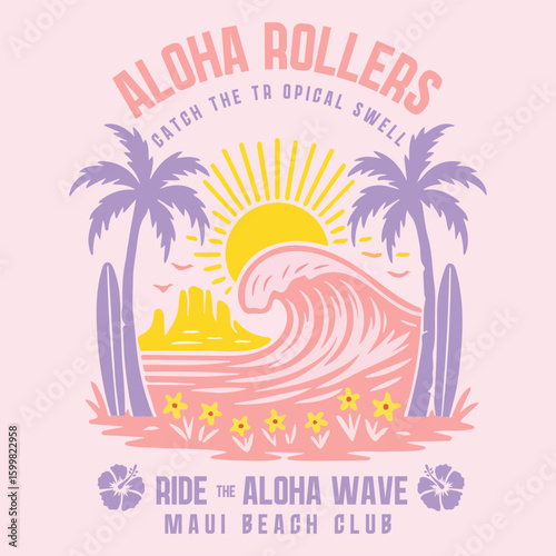 Aloha beach vibes print design. sbig waves t-shirt design. ride the waves slogan. ummer graphics print artwork. womens graphic design. beach tee for sea vibes.