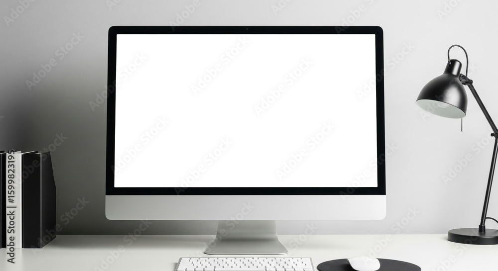 Fototapeta premium Minimalist workspace featuring a blank computer screen, lamp, and books
