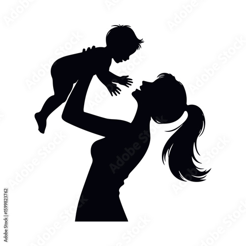 Mother holding baby silhouette icon, emotional black filled SVG vector, love and care concept for motherhood and parenting designs