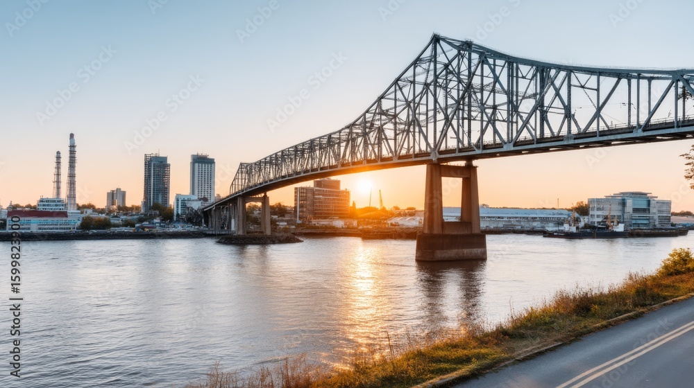 Naklejka premium Sunset over the river stunning bridge view urban landscape tranquil environment scenic photography