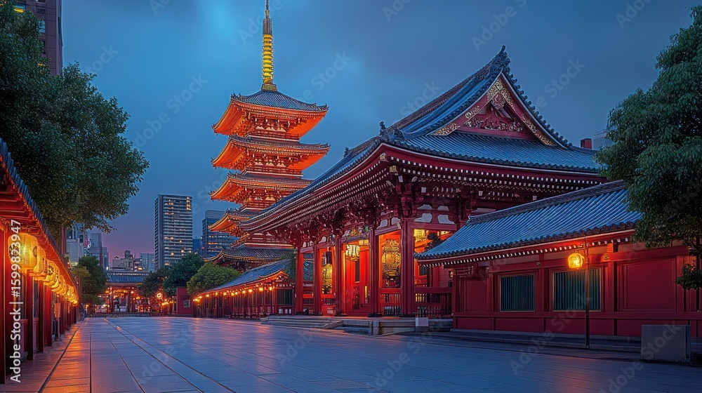 Fototapeta premium Japanese temple at dawn, illuminated