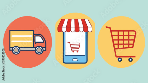 Online Shopping Delivery Service: Flat Design Mobile App, Delivery Truck, and Shopping Cart Icon Set; Cheerful, Modern Style.