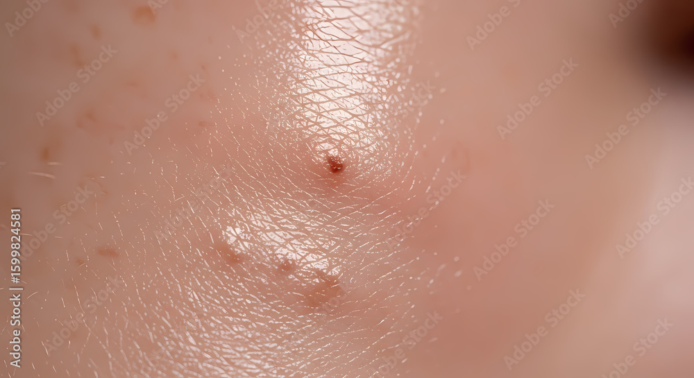 Fototapeta premium Close-up view of skin with small, reddish bumps and light-colored marks.