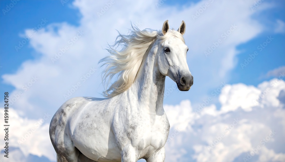 Fototapeta premium Majestic white horse against a vibrant blue sky
