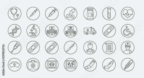 Collection of medical and healthcare-related icons in a circular outline style. Perfect for medical designs and projects.