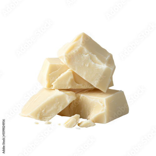Creamy white chocolate chunks broken into irregular pieces, detailed texture and soft lighting for premium product visuals, on transparent background