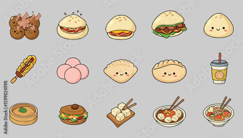 A Flat Bold Icon Set Unique and Traditional Asian Street Food Items