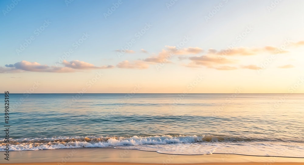 Fototapeta premium Serene Ocean Waves Gently Washing Ashore on a Golden Sandy Beach at Sunrise with a Beautiful Cloudy Sky Above