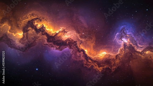 Fiery cosmic cloud glowing with orange and purple hues against a starry expanse space nebula