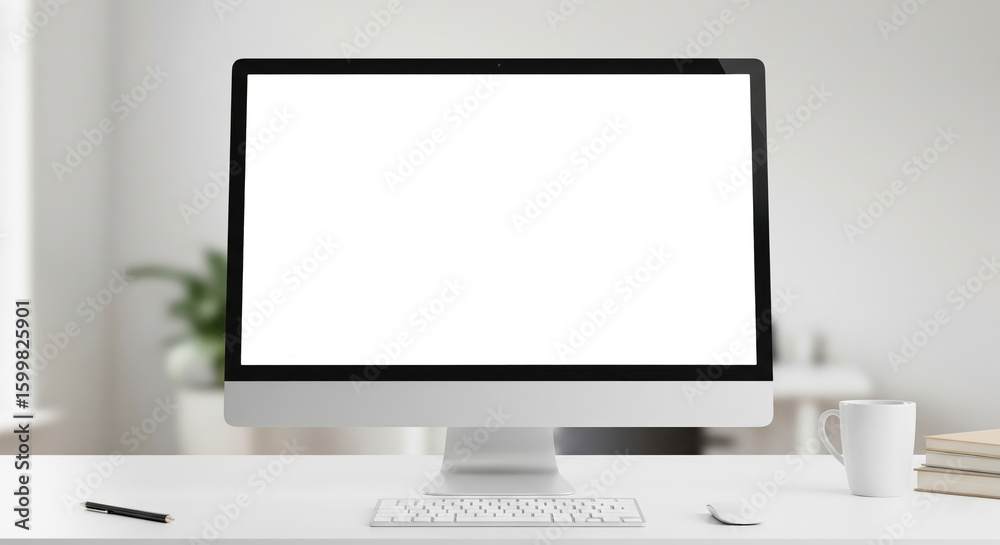 Fototapeta premium Modern Workspace with Blank Computer Screen, Coffee Mug, and Books