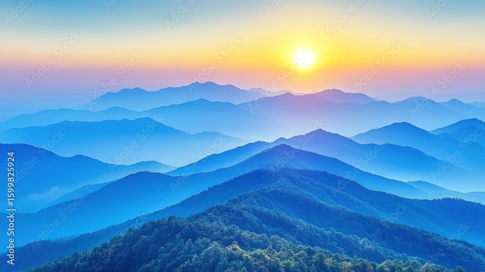 Fototapeta premium Serene Sunrise over Misty Blue Mountains