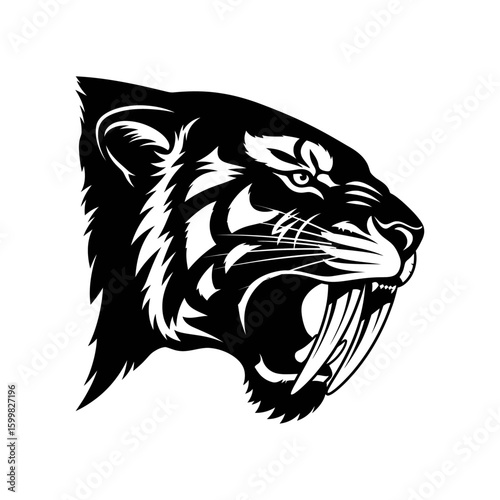 Black and white graphic of a saber-toothed tiger's head, mouth open in a menacing display.