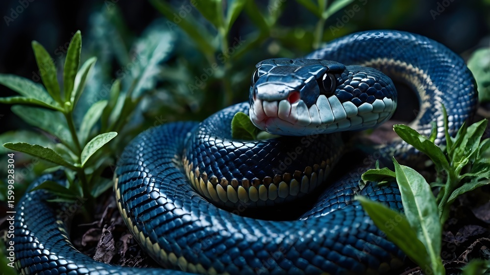 Fototapeta premium Striking Snake Coiled with Tongue Out in Dark Blue Foliage.