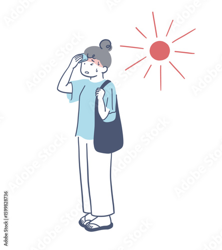 暑さの中ハンカチで汗を拭く女性のイラスト素材