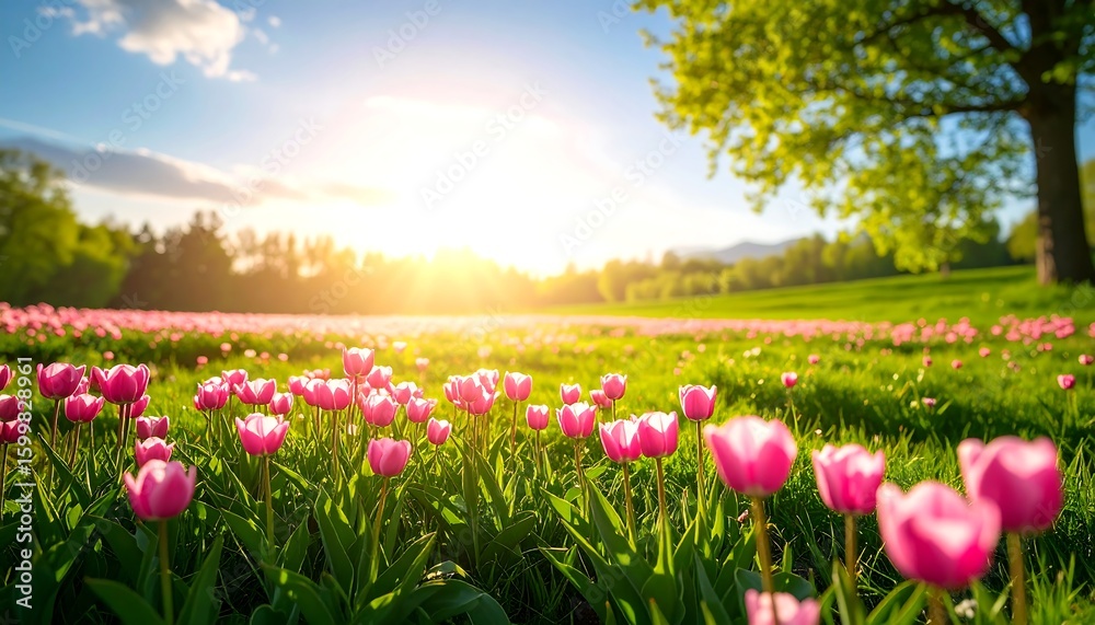 Obraz premium Lush pink tulip field at sunrise