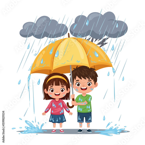 Cute cartoon children, a boy and a girl, finding shelter together under a big yellow umbrella in a thunderstorm