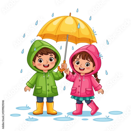 Happy Children Sharing Umbrella in Rainy Day Illustration