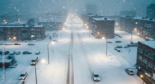 Snowy city street at night