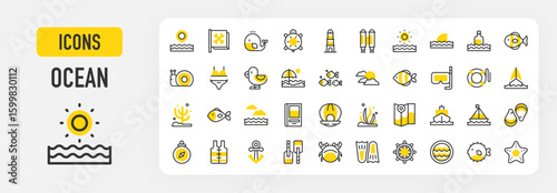 Ocean icons. Ship, Fish, Beach, Shark, Shells, Seaweed, Waves, Sun, Porthole, Anchor, Fins, Helm, Life Vest, Lifesaver, Lighthouse, Oars, Ocean, Pirate Flag vector stroke illustration.	
