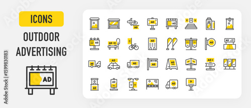 Outdoor advertising icons. LED, Ads, Mupi, Roll Up, Megaphone, Boarding, Roadshow, Poster, Store Sign, Billboard, Bike, Bow Flags, Document, Aircraft vector stroke illustration.	
