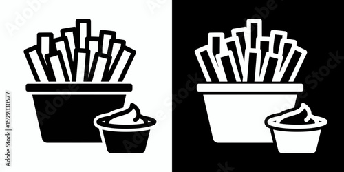 French fries with dipping sauce icon. Fast food snack concept vector graphic.