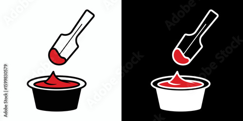 Spoon with red sauce dripping into a dipping container against white and black backgrounds