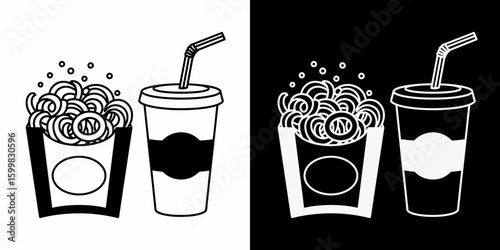 Vector icon of fast food combo meal with curly fries and soda drink.