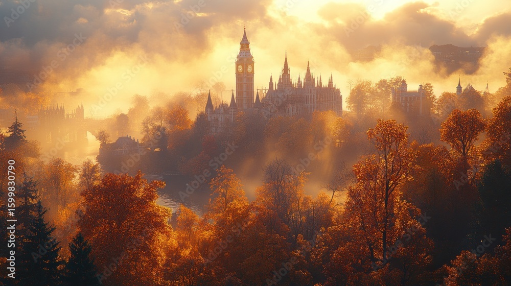 Fototapeta premium Majestic castle in autumn mist