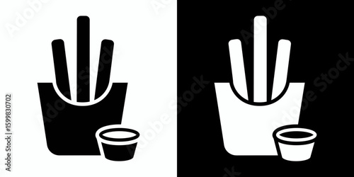 Solid glyph icon of potato fries with dipping sauce.
