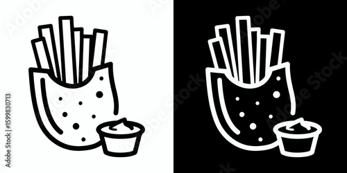 French fries line icon with dipping sauce for a fast food snack or meal concept