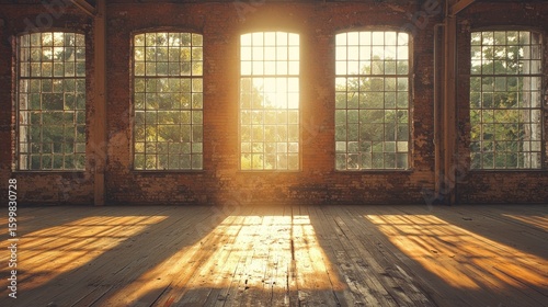 Sunlit Industrial Interior: Golden Hour in a Brick Warehouse