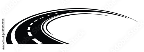 Black asphalt road with white dashed lines curving on white background curve