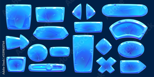 Blue winter ice crystal buttons interface. Game GUI elements asset set with vector frozen snow blocks. Cartoon icy frames, panels, boards, arrows and slider bar buttons with cracked ice texture